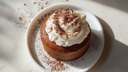 Fototapeta premium Chocolate souffle cake with whipped cream and cocoa sprinkle
