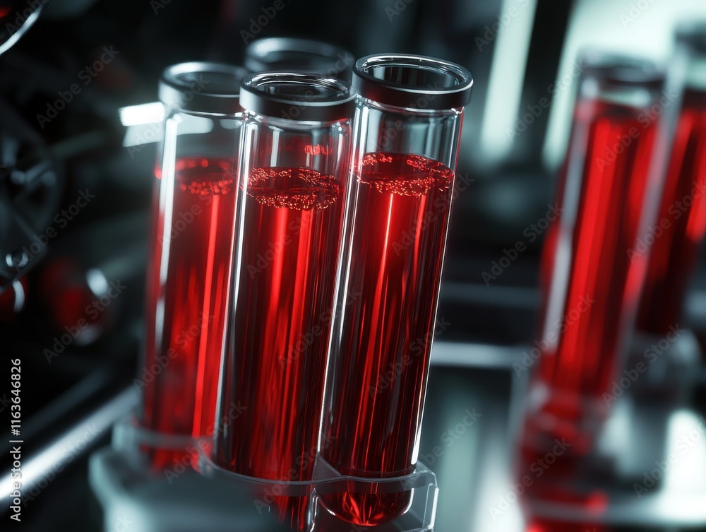 Poster close-up of glass test tubes filled with vibrant red liquid, creating a striking visual in a laborat
