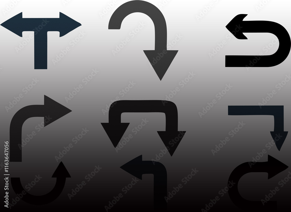 Poster multiple style and turn arrow set isolated on white background. traffic turn symbols and direction i