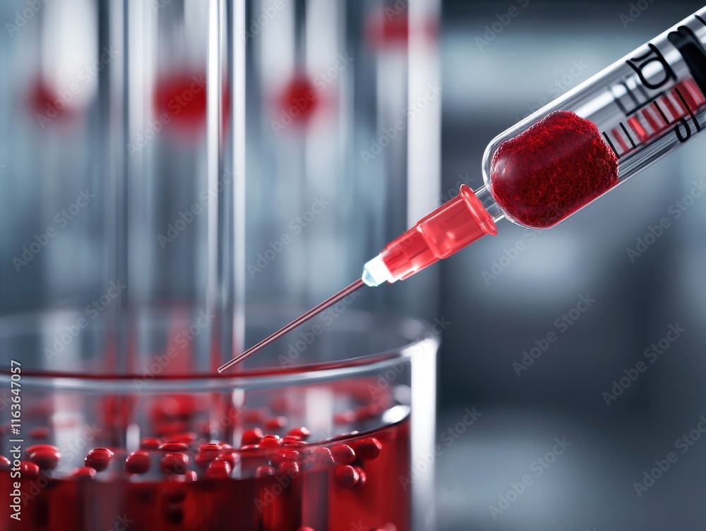 Poster a close-up of a syringe preparing to inject a liquid containing red cells into a glass container.