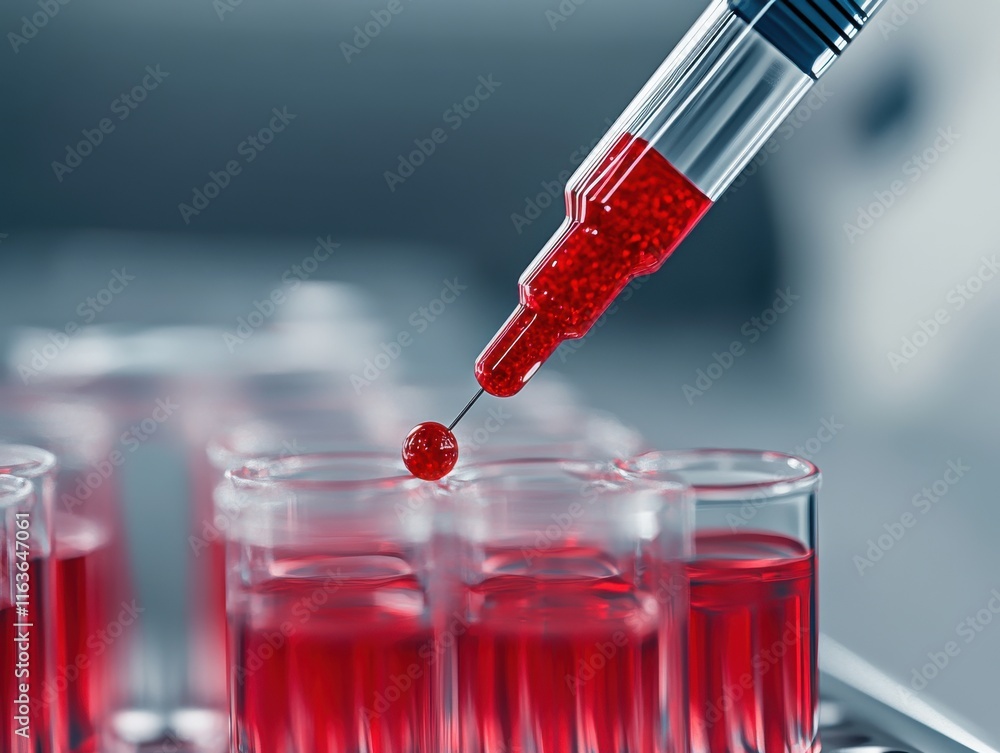 Poster close-up of a pipette adding red liquid to test tubes in a laboratory setting.