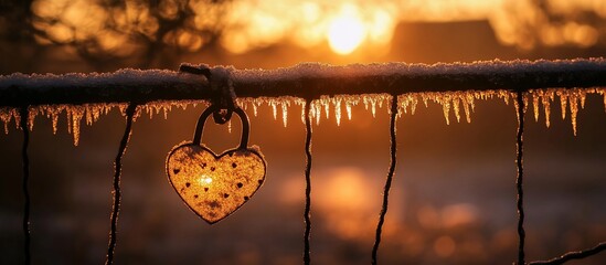 Heart-shaped lock glowing in the sunrise on a frosted fence.