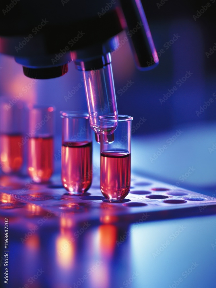 Poster close-up of a microscope examining test tubes filled with vibrant red liquid, creating a laboratory 