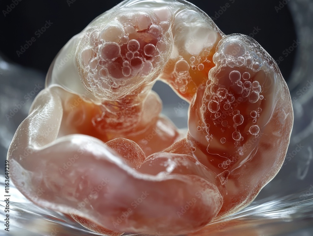 Poster close-up of translucent, gelatinous forms with bubbles, resembling organic structures in a soft colo