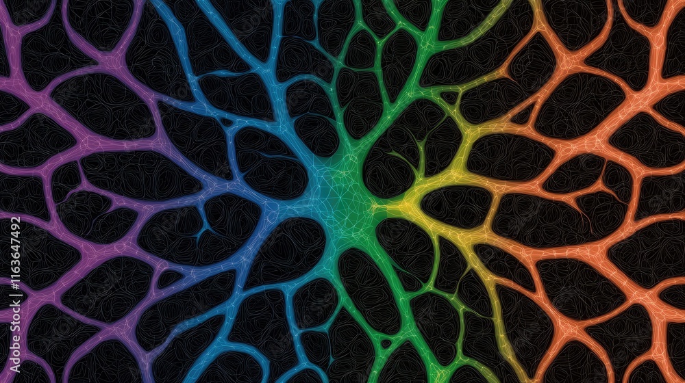 Poster neural network visualization digital art abstract design colorful patterns dark background technolog