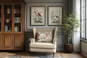 Elegant armchair near cabinet with framed artwork cozy living room interior design natural light inviting atmosphere