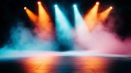 Vibrant stage lights illuminate smoky haze, creating a captivating and dramatic atmosphere.