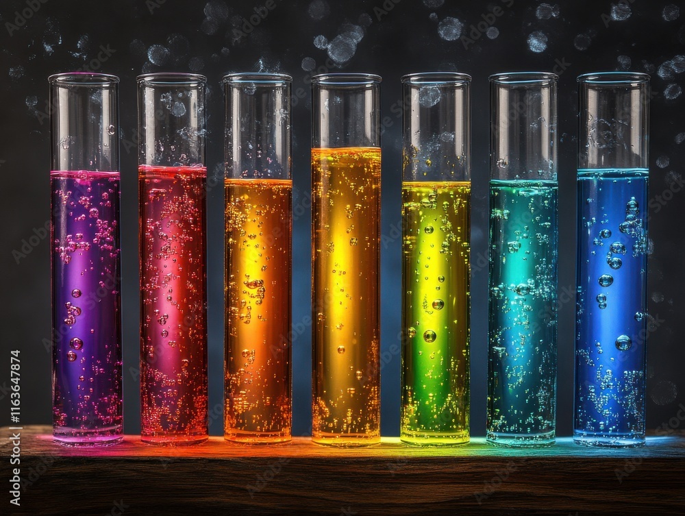 Poster colorful test tubes filled with vibrant liquid stand in a row, creating a mesmerizing lab display.