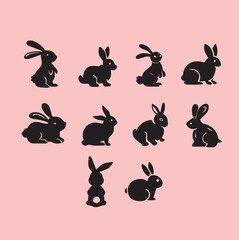 Collection of black rabbit silhouettes for artistic design purposes