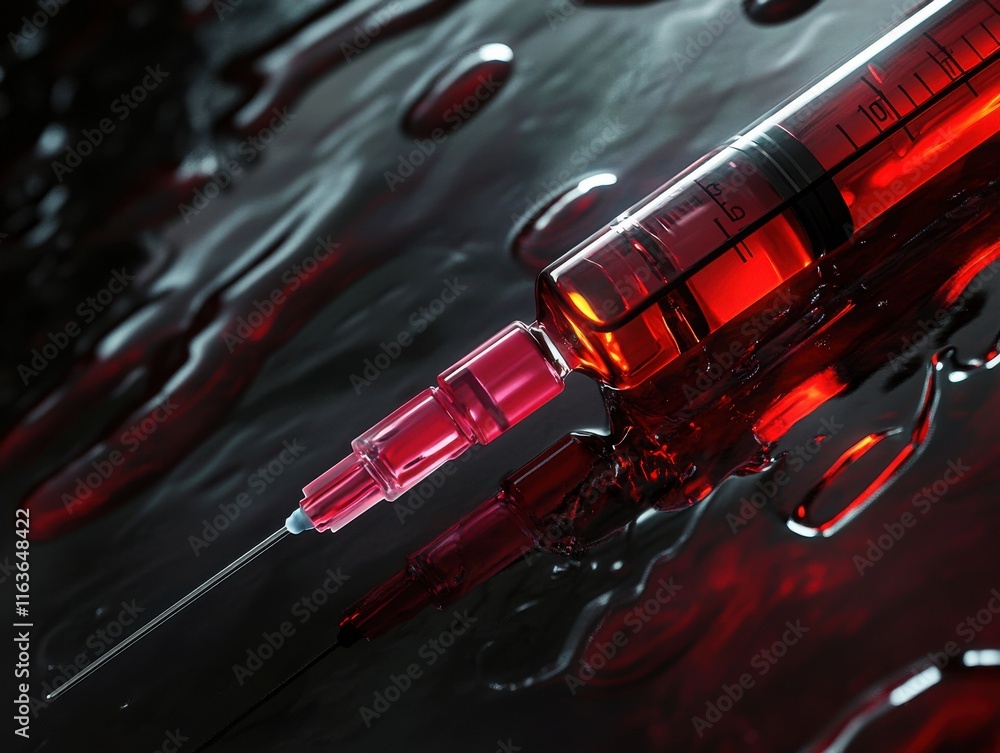 Poster a close-up of a filled syringe resting on a reflective surface, creating a dark and dramatic mood.