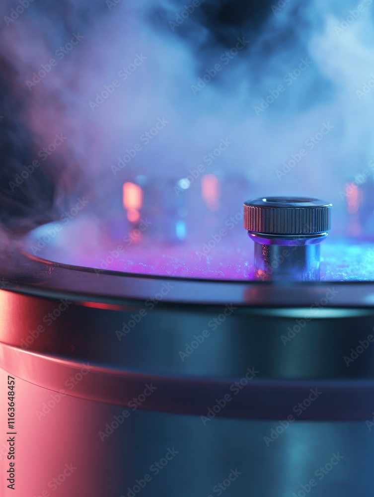 Poster close-up of a metallic container emitting colorful steam, creating a dramatic and mysterious atmosph