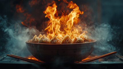 A lit grill with flames dancing around a sizzling dish being cooked. The vibrant fire, smoky atmosphere, and perfectly grilled food create a sense of warmth, flavor, and outdoor cooking joy.