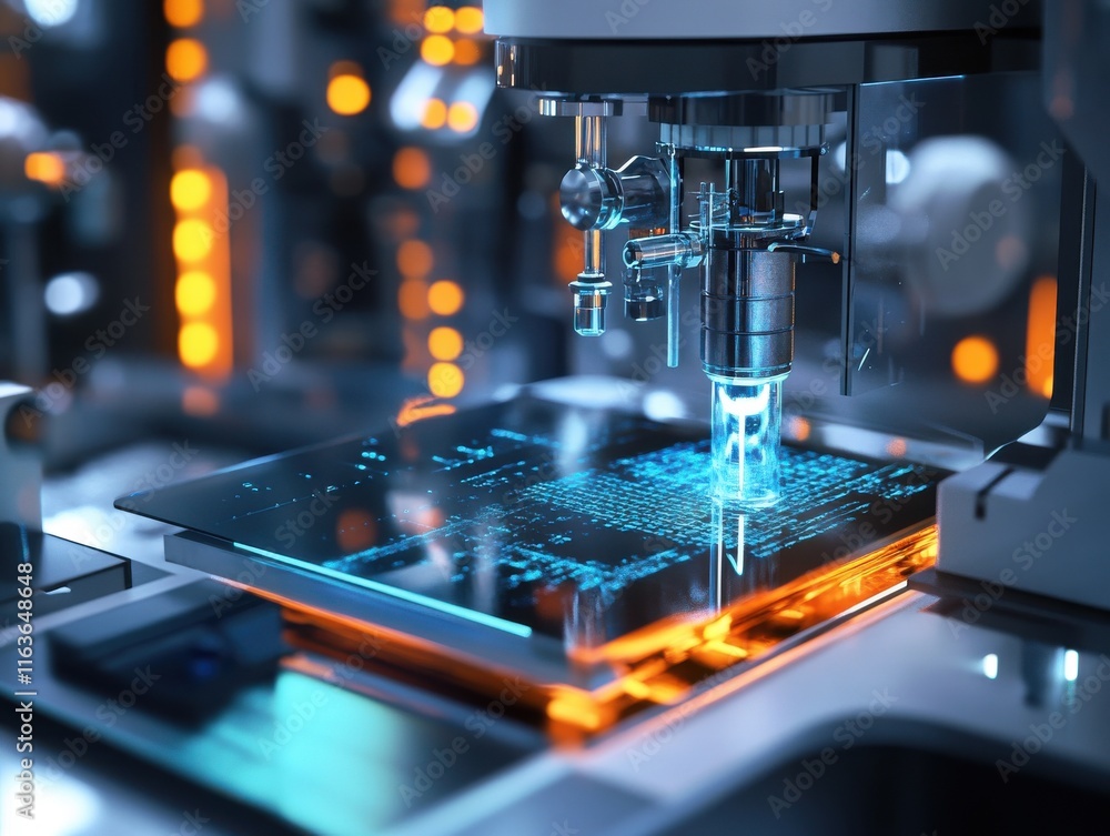 Poster futuristic microscope analyzing digital data on a glass surface in a high-tech lab.