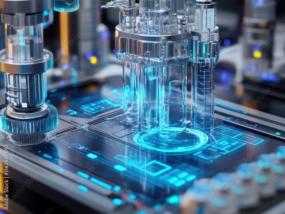Poster close-up of futuristic laboratory technology with illuminated glass components and digital interface