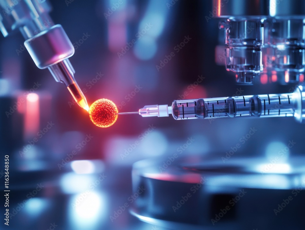 Poster close-up of a syringe and a glowing particle in a high-tech laboratory setting.