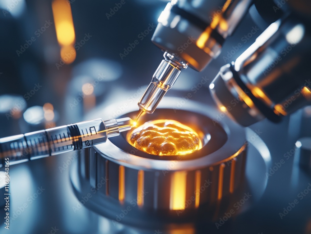Poster close-up of a futuristic syringe injecting a golden substance into a brain-like structure under a mi