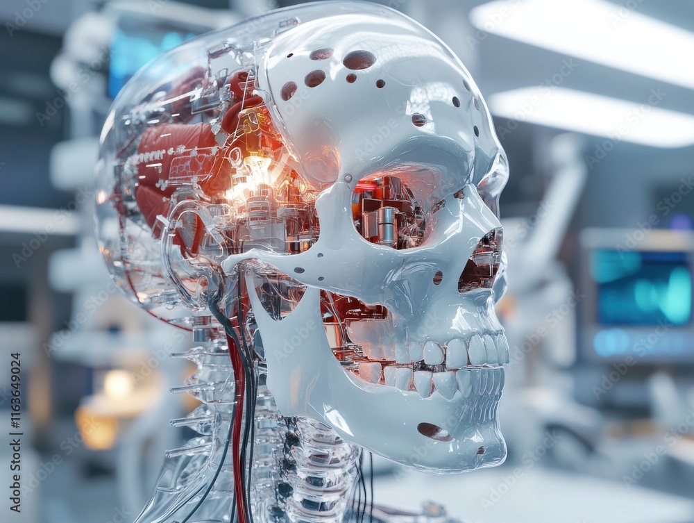 Poster a futuristic, transparent robotic skull with intricate circuitry and glowing components inside a mod