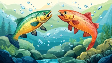 Fototapeta premium Two vibrant trout fish, one green and one orange, swimming in clear water amongst rocks and bubbles.