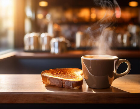 Desayuno en una cafeteria con un caf&eacute; con leche caliente y unas tostadas