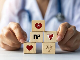 A healthcare professional arranging wooden blocks with medical symbols, symbolizing care and compassion.