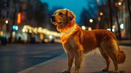 A golden retriever stands proudly on a street at dusk, wearing a glowing collar that enhances its golden fur.