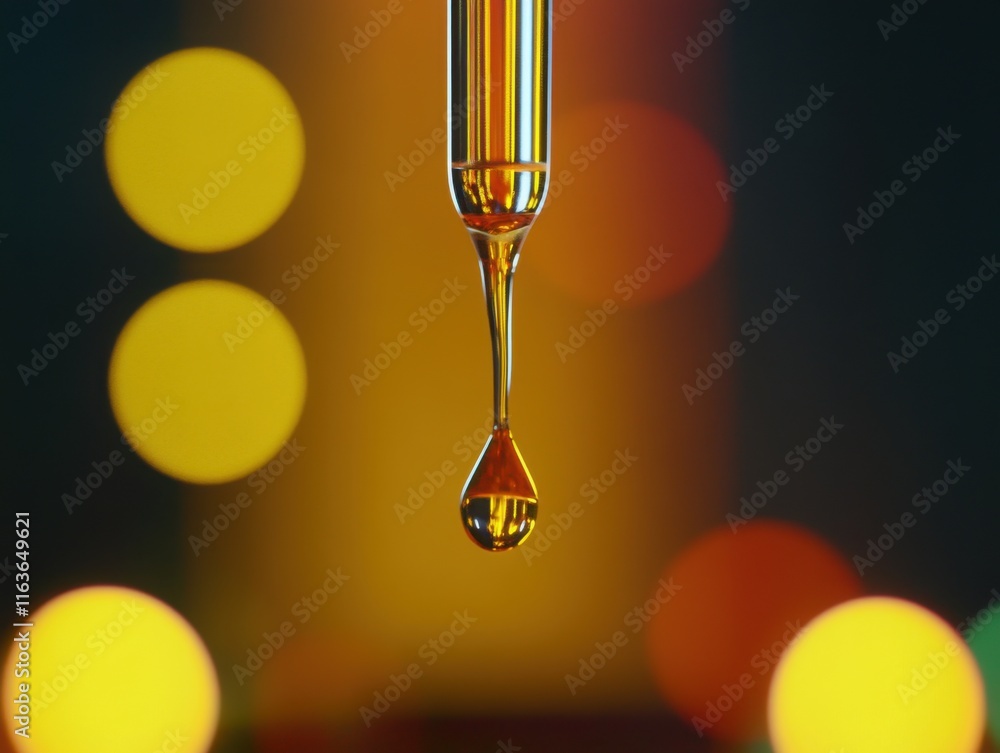 Poster close-up of a drop of liquid suspended from a pipette, glistening against a colorful bokeh backgroun