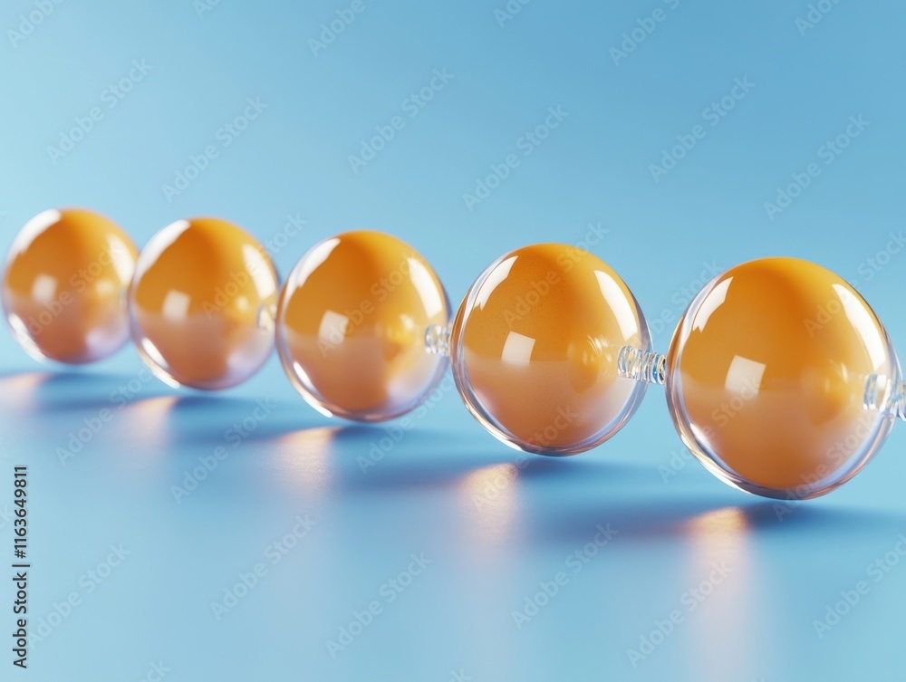Poster a row of translucent spheres with orange interiors on a soft blue background, creating a modern and 