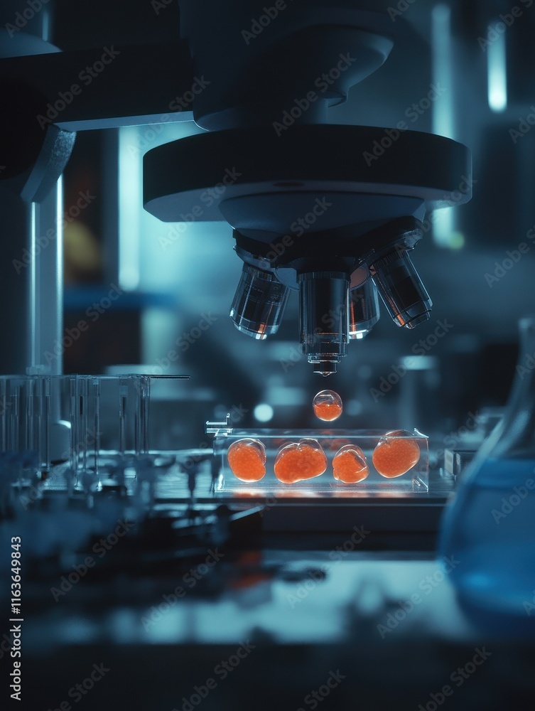 Poster close-up of a microscope focusing on vibrant samples in a laboratory setting, demonstrating scientif