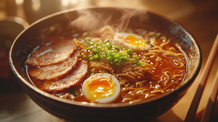 A bowl of ramen in rich broth, topped with soft-boiled eggs, sliced pork, green onions, and sesame seeds. Served in a traditional bowl with chopsticks, illuminated by soft, cozy ambient light.
