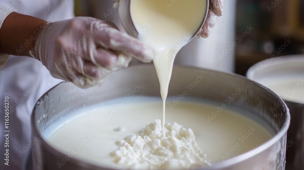 Poster a worker utilizes advanced ai tools to optimize the production line. in a busy dairy processing faci