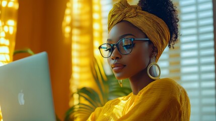 African woman using laptop to search online real estate property listings, Generative AI