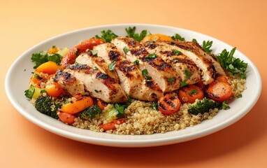A plate of grilled chicken with quinoa and roasted vegetables, set against a light orange background 