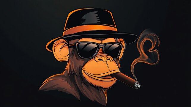 A cool cartoon monkey mascot with a mischievous grin, wearing a black fedora and sunglasses, puffing on a cigar with smoke curling upward. 