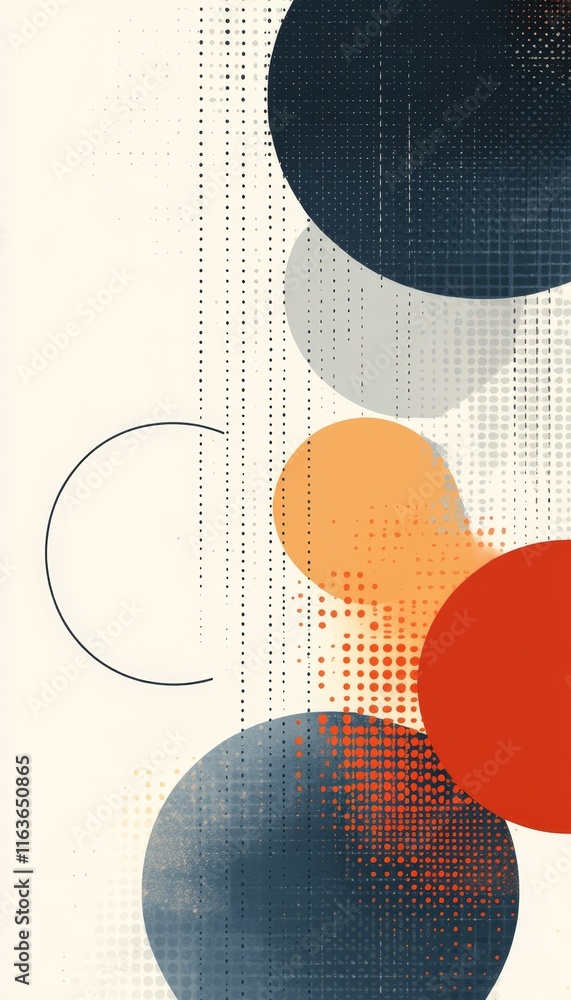 Poster abstract design with interlocking circles and dotted textures on a neutral background