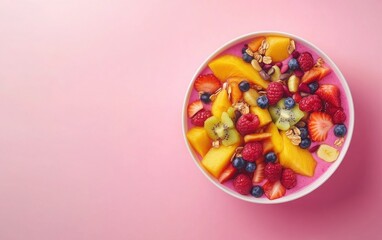 A vibrant smoothie bowl with fresh fruits and seeds, set against a soft pastel pink background 