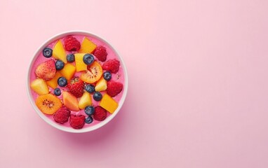 A vibrant smoothie bowl with fresh fruits and seeds, set against a soft pastel pink background 