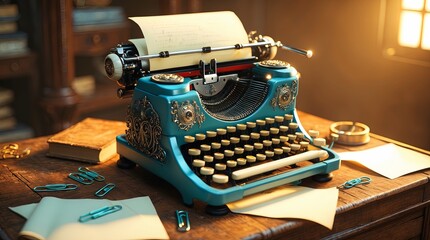 Antique Teal Typewriter: A Vintage Literary Scene