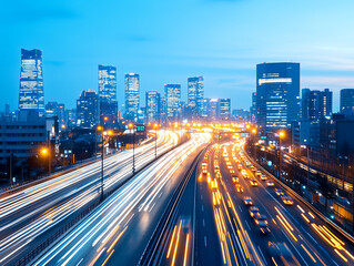 Fototapeta premium Aerial view of busy and fast highway traffic lights at night