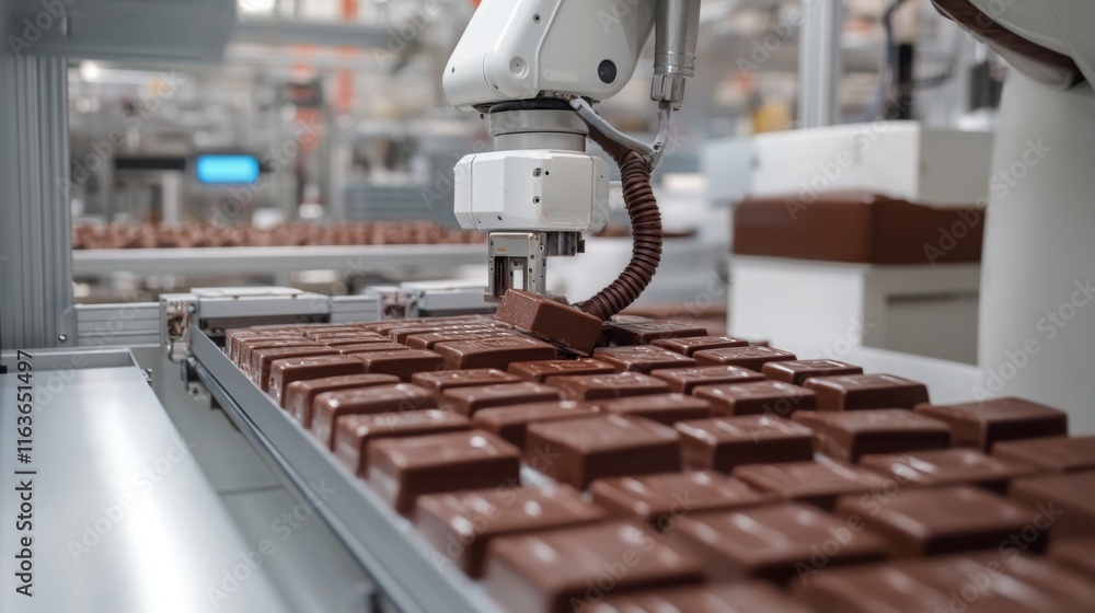 Poster a robotic arm is actively sorting and placing chocolate bars on a busy food production line. the set