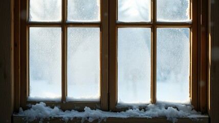 Naklejka premium A Frosty Winter Window Pane, Snow Covered Sill, and a Glimpse of a Snowy Landscape Beyond