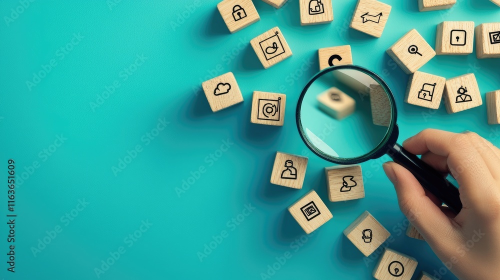 Poster analyzing digital icons using a magnifying glass office setting image composition bright environment