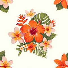 Obraz premium seamless pattern of floral, frangipani, orange flowers, and leaves isolated white background