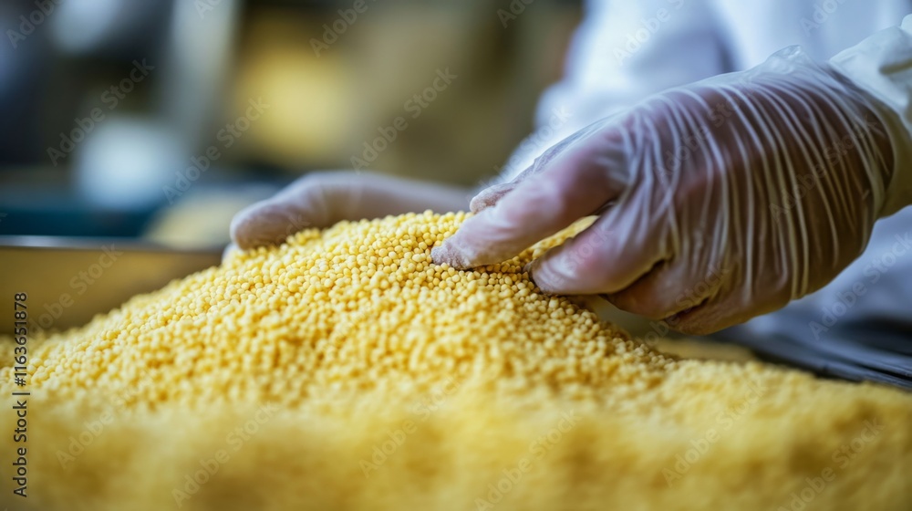 Poster Specialized ai equipment is utilized in a food production line where workers handle fine yellow granules. Precision tools ensure consistent quality and optimal output during processing.