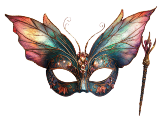 Colorful Butterfly Mask with Magic Wand on Transparent Background
