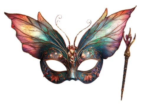 Colorful Butterfly Mask with Magic Wand on Transparent Background