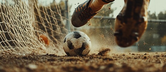 Soccer Player Kicking Ball Towards Goal.