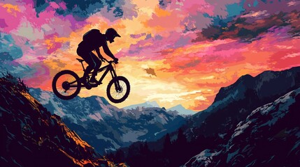 Obraz premium Silhouette of mountain biker jumping over mountain gap at sunset. Colorful landscape.