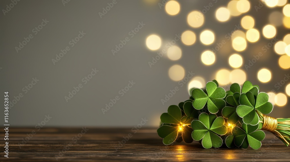 Poster st. patrick's day concept, small clover bouquets tied with gold string resting on table surrounded b