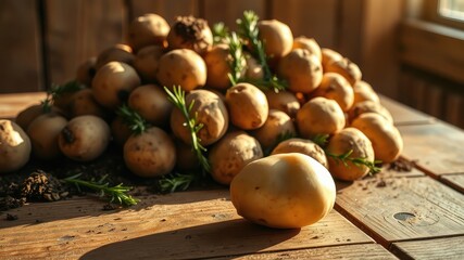 A freshly harvested pile of potatoes sits on a rustic wooden table in the warm sunlight.