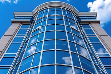 Modern glass building reflection urban center architecture photography clear sky low angle contemporary design